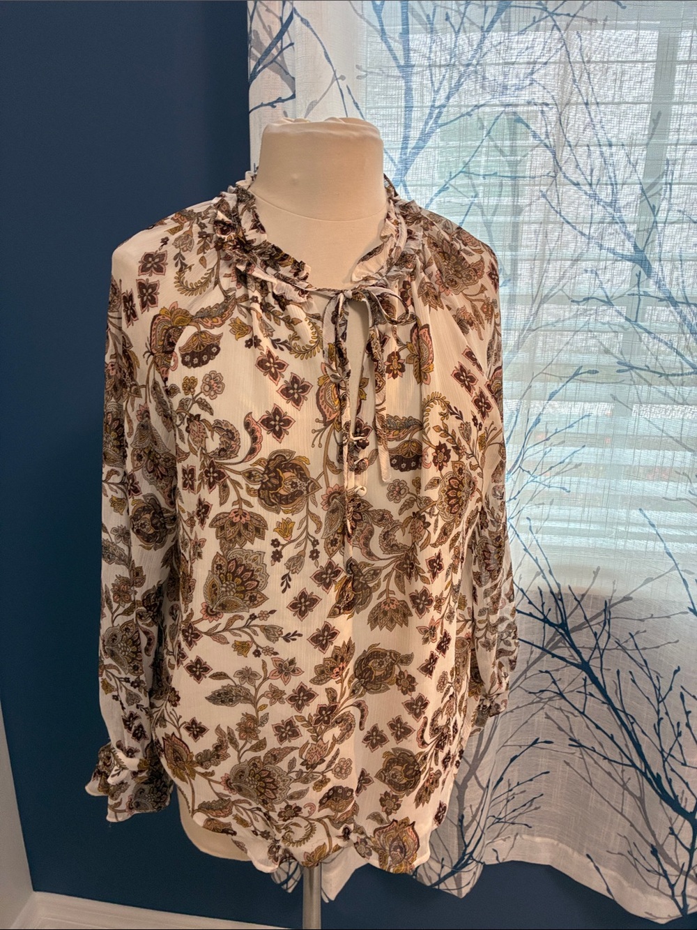 LOFT - Womens Cream Floral Tie-Neck Blouse